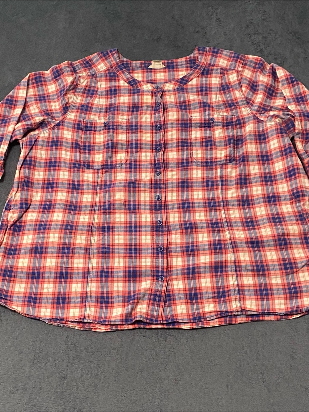 Duluth Button Up Shirt Womens 3X Red Blue Plaid Collarless Swinging Cotton Tunic